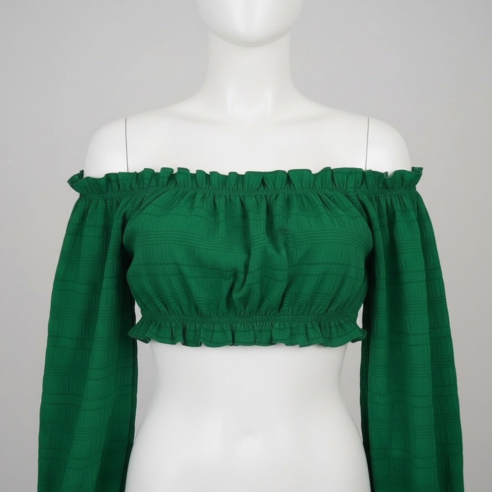 SHEIN MOD Green Off Shoulder Long Sleeve Crop Top Ruffle Trim Size M